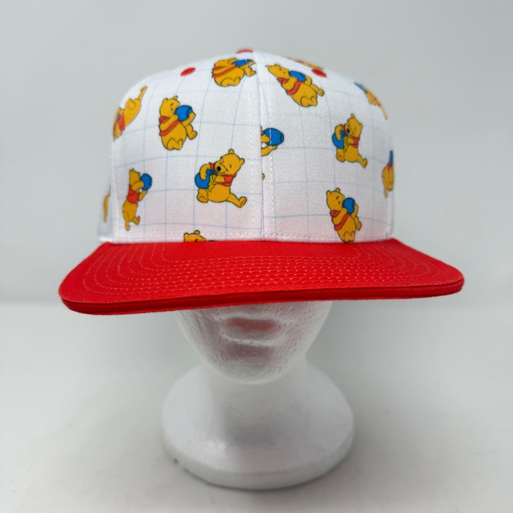 Disney Winnie the Pooh Snapback Hat One Size White Red All Over Print NWT